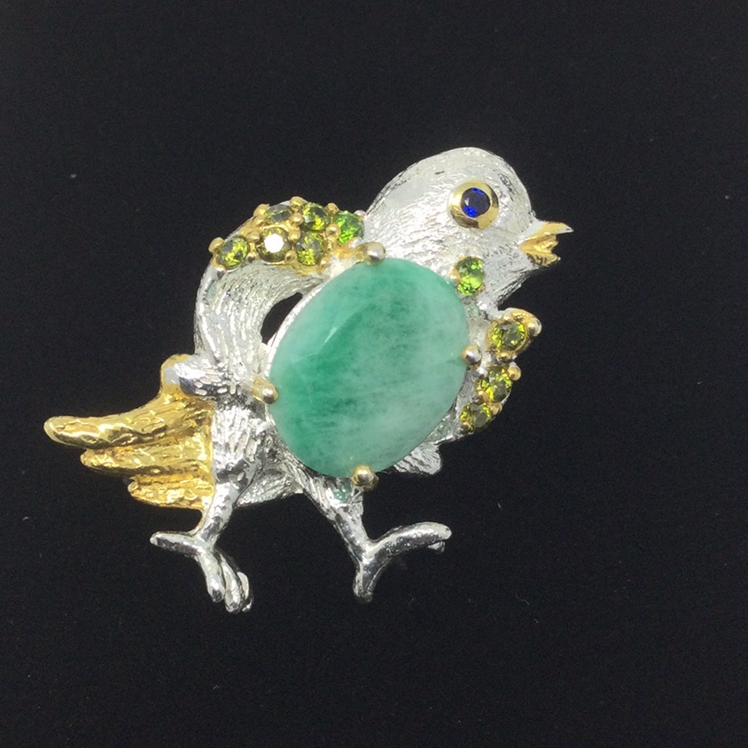 Large Genuine Emerald Bird Brooch